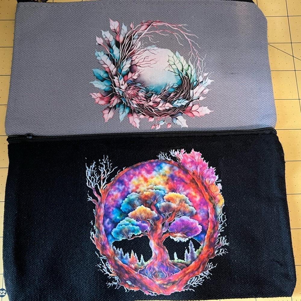 Handcrafted Lot of two make up bags with fresh pressed transfers!